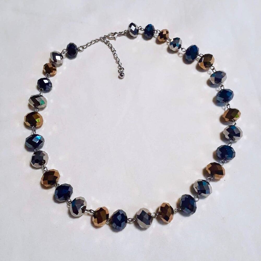 Multi-Faceted Beaded Choker Necklace Blue Gold Silver Fancy Sparkle Large Beads